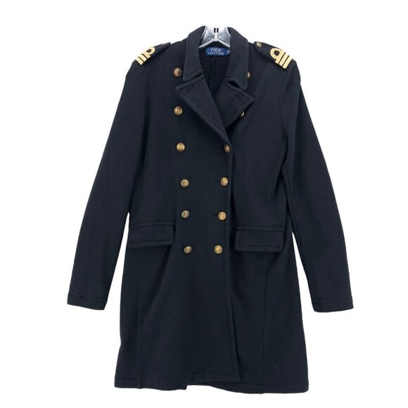 POLO Ralph Lauren Black Military Office Double Breasted Coat Cotton Terry Sz 12
